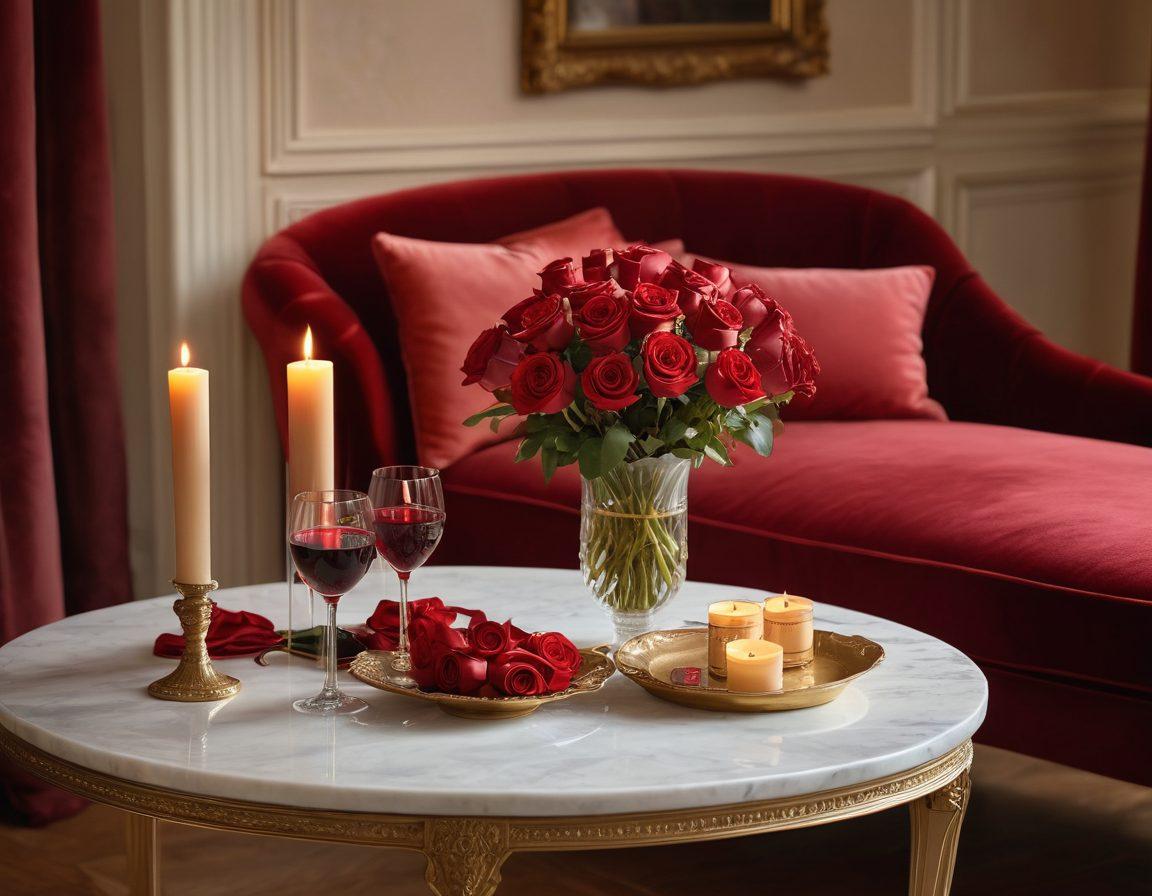 A beautifully arranged scene of a dimly lit, elegantly decorated room with soft red and gold hues, featuring a plush velvet chaise lounge, a glass of red wine on a marble table, and flickering candles casting playful shadows. In the foreground, a delicate bouquet of roses exudes romance, while a pair of intertwined hands are subtly shown, hinting at intimacy. The atmosphere is inviting and luxurious, evoking a sense of mystery and allure. super-realistic. warm color palette. romantic ambiance.