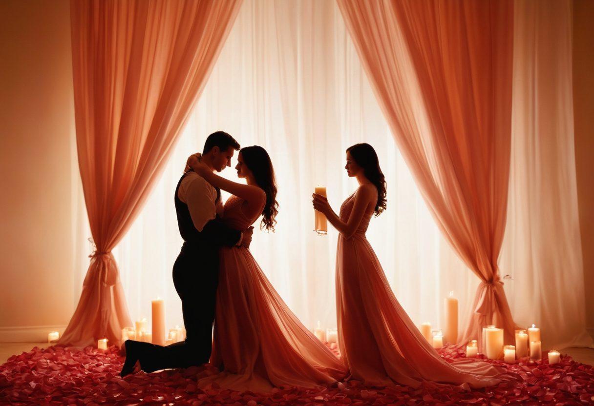 A graceful silhouette of a couple in an intimate embrace, surrounded by soft, flowing fabrics that symbolize sensuality. Warm, glowing light bathes the scene, creating an ambiance of passion and pleasure. Elements like rose petals and candles add to the romantic atmosphere, while background hints of abstract art represent the journey of intimacy. soft-focus, dreamy aesthetic. warm color palette.